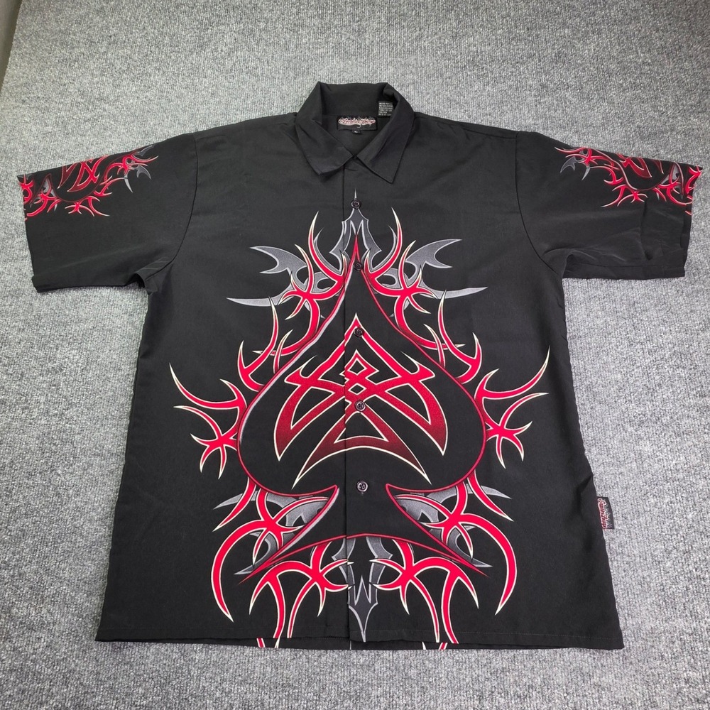 Sapphire Lounge Button Down Mens Large Black Tribal Spade Ace Graphic Y2K Shirt